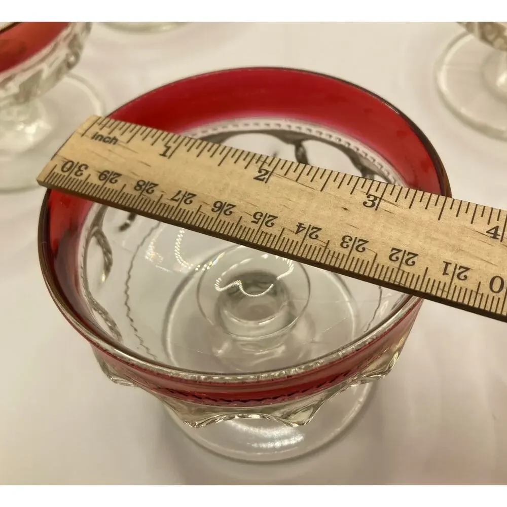 6 Vintage Tiffin Kings Crown Ruby Red Thumbprint Sherbet Dessert Glasses 3 1/8”